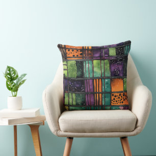 ORANGE GREEN PURPLE BLACK ABSTRACT HALLOWEEN THROW PILLOW