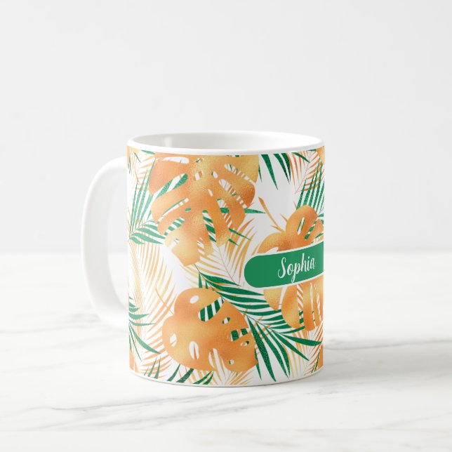 Orange & Green Tropical Leaves, White Name Coffee Mug (Front Left)