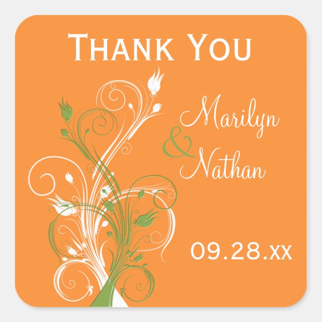 Orange Green White Floral 1.5" Wedding Sticker (Front)
