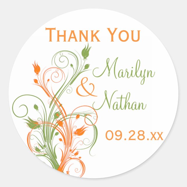 Orange Green White Floral 1.5" Wedding Sticker (Front)