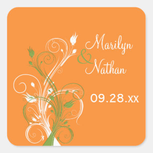 Orange Green White Floral 1.5" Wedding Sticker