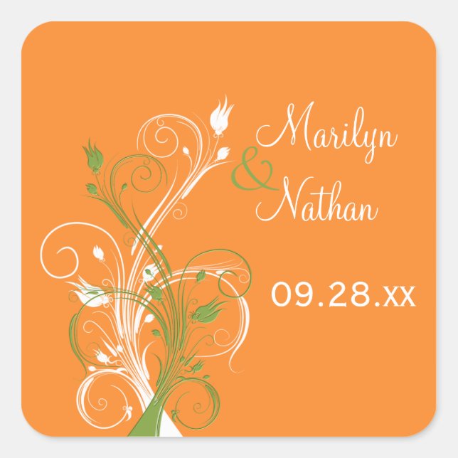 Orange Green White Floral 1.5" Wedding Sticker (Front)