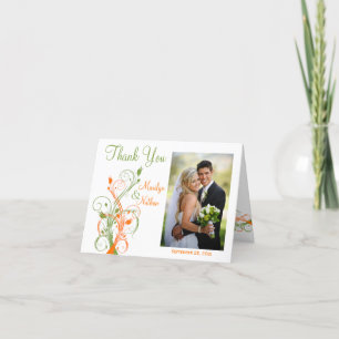 Orange Green White Floral Photo Thank You Card
