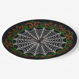 Orange Green White Spider Web And Black Spider Paper Plate