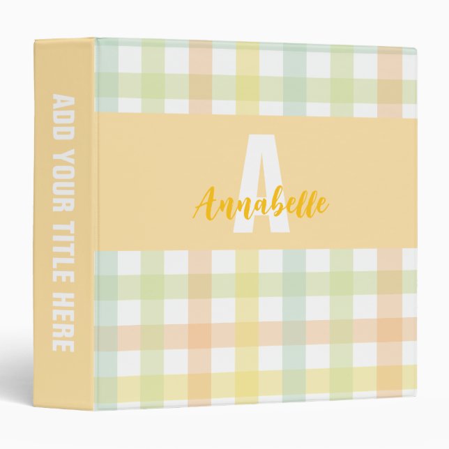 Orange Green Yellow Blue Gingham Pattern Monogram Binder (Front/Spine)
