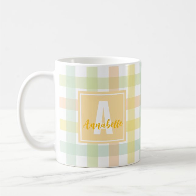 Orange Green Yellow Blue Modern Gingham Monogram Coffee Mug (Left)