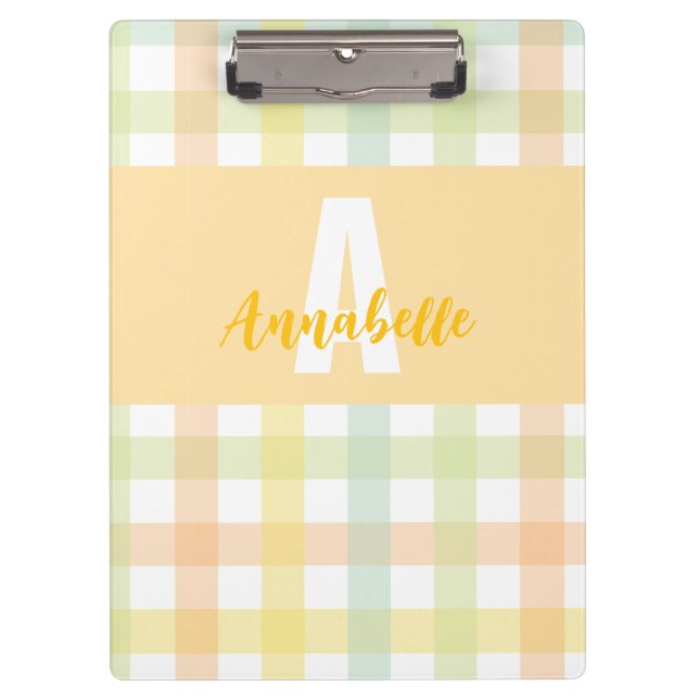 Orange Green Yellow Blue Pastel Monogram Gingham Clipboard (Front)