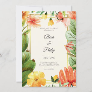 Orange Green Yellow Watercolour Floral Wedding Invitation