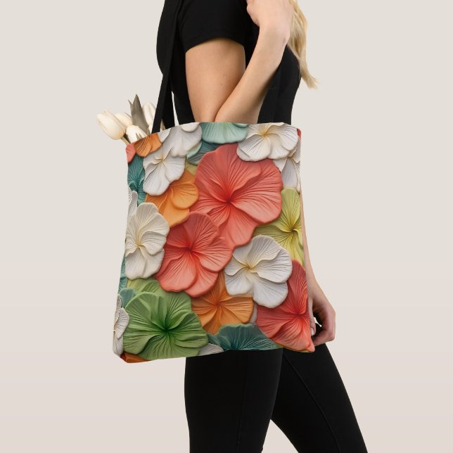 ORANGE GREEN YELLOW WHITE FLOWERS TOTE BAG (Close Up)