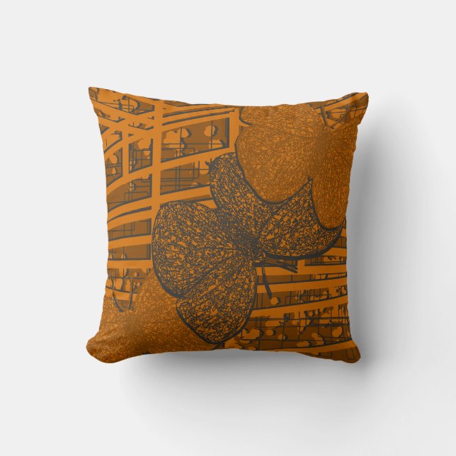 Orange & Grey Abstract Butterfly Pattern Throw Pillow (Front)
