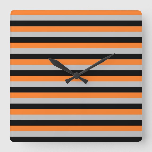 Orange, Grey and Black Stripes Square Wall Clock (Front)