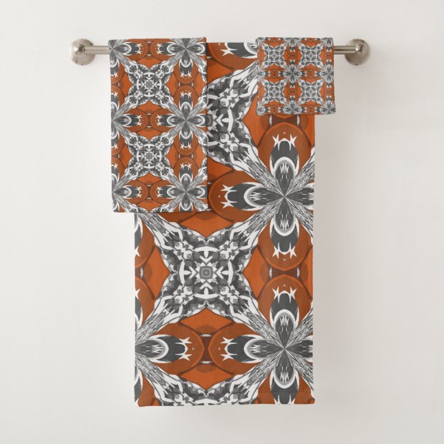 Orange Grey and White Repeat Tile Pattern Bath Towel Set (Insitu)