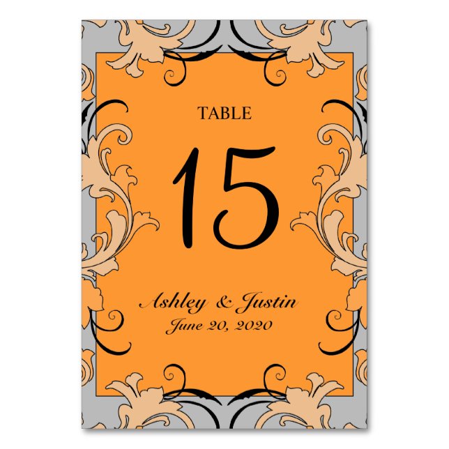 Orange Grey Black Swirls Wedding Table Number Card (Front)