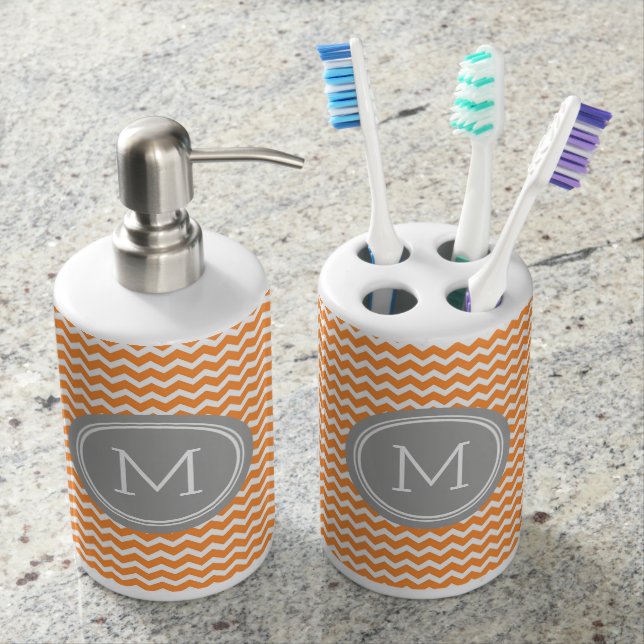 Orange Grey Chevron Pattern Soap Dispenser And Toothbrush Holder (Front)
