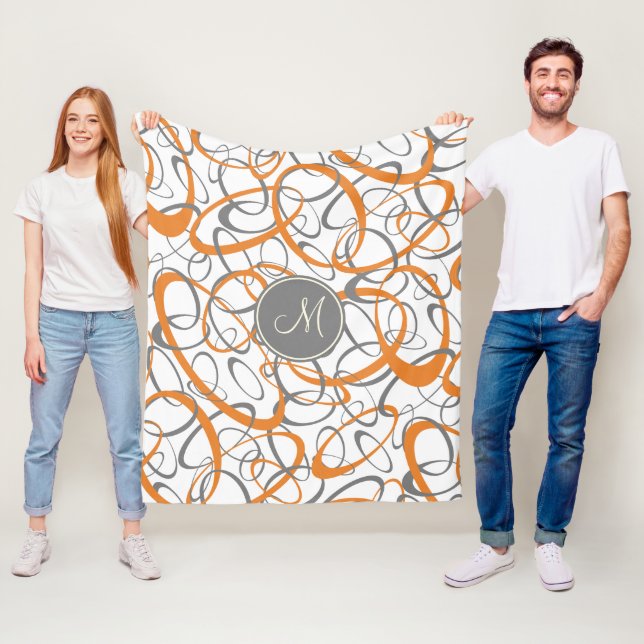 orange grey cool loops pattern monogrammed fleece blanket (In Situ)