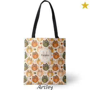 Orange Grey Cute Fat Cats Name Monogram Tote Bag