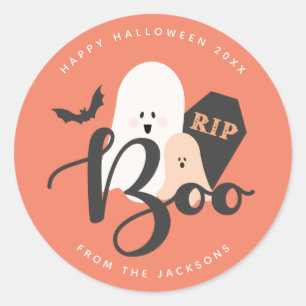 Orange Grey Cute Ghost Boo Halloween  Classic Round Sticker