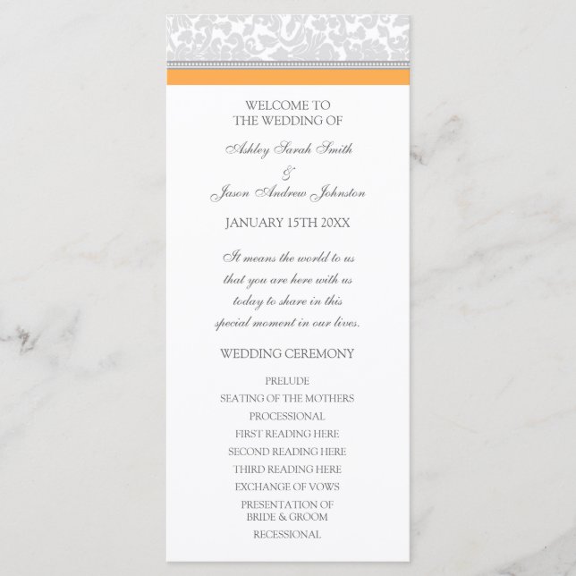 Orange Grey Damask Wedding Program (Front)