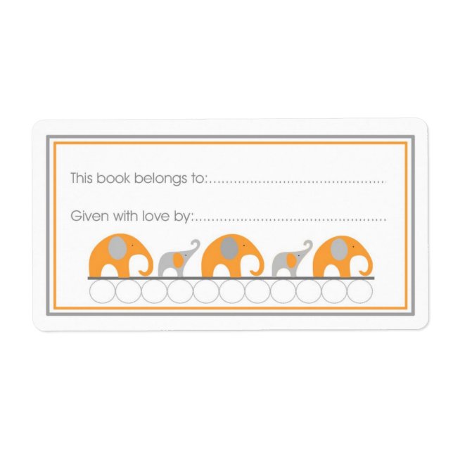Orange & Grey Elephants Bookplate Fill-in style (Front)