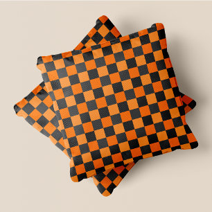 Orange & Grey Fun Retro Chic Chequered Squares Throw Pillow
