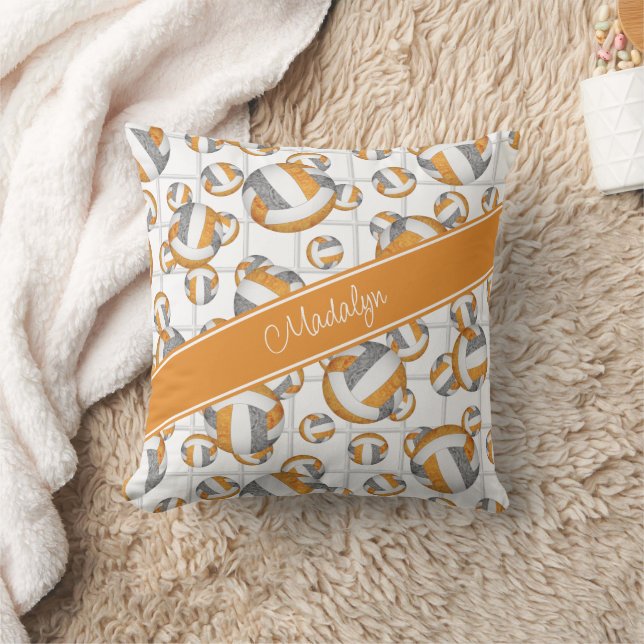 Orange grey girly volleyballs pattern net accent throw pillow (Blanket)