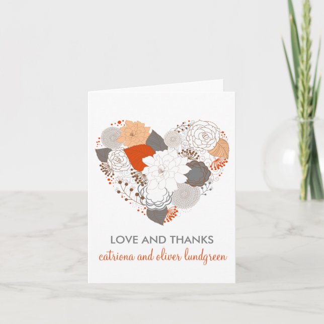 Orange & Grey Heart Flowers Wedding Thank You Card (Front)