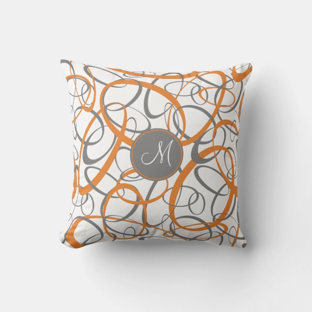 orange grey loops on white geometric pattern throw pillow (Front)