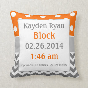 Orange Grey Personalized Baby Announcement Pillow