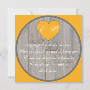 Orange grey rustic heart rhyming wedding invites