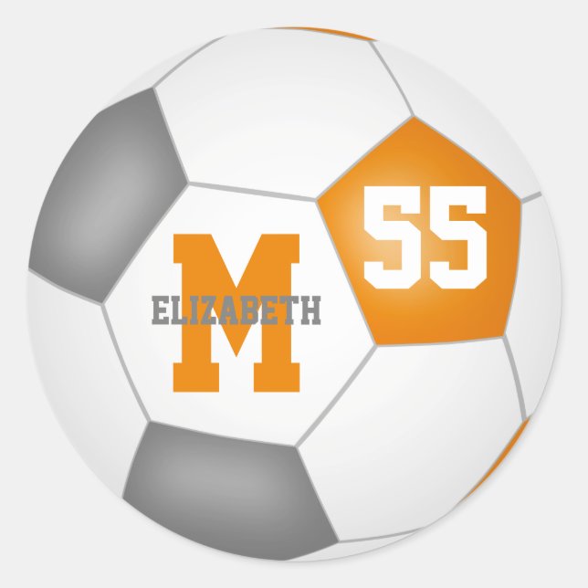 orange grey team colours soccer ball personalized classic round sticker (Front)