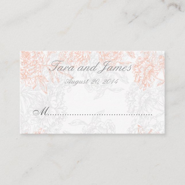 Orange Grey Vintage Floral Wedding Place Card (Front)