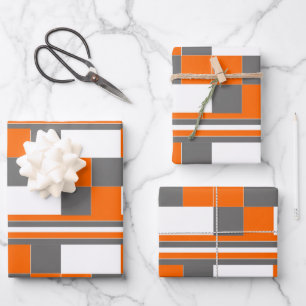 Orange Grey White Checks Stripes Geometric Pattern Wrapping Paper Sheet