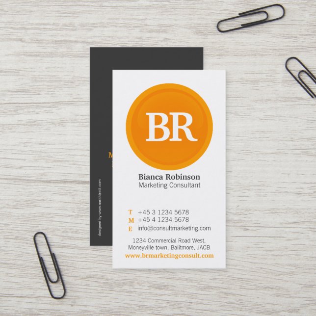 Orange, grey & white glass circle business card (Front/Back In Situ)