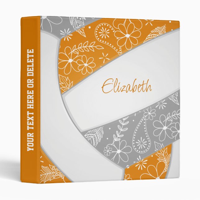 orange grey with feathers pattern girls volleyball binder (Front/Spine)