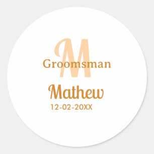 Orange groomsman name letter date masculine pastel classic round sticker