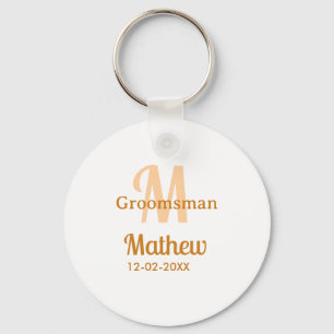 Orange groomsman name letter date masculine pastel keychain