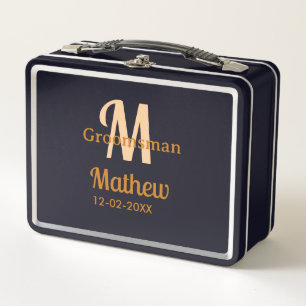 Orange groomsman name letter date masculine pastel metal lunch box