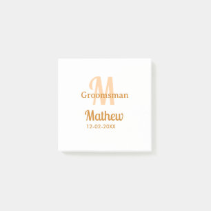 Orange groomsman name letter date masculine pastel post-it notes
