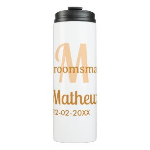 Orange groomsman name letter date masculine pastel thermal tumbler