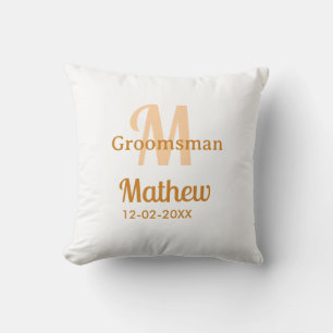 Orange groomsman name letter date masculine pastel throw pillow