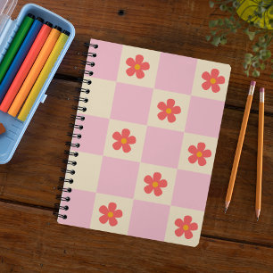 Orange Groovy Daisy Flowers & Pink Chequered Notebook
