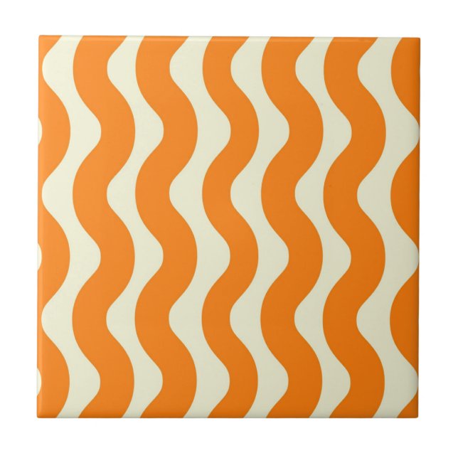 Orange Groovy Wavy Stripe Abstract Modern Spring Tile (Front)