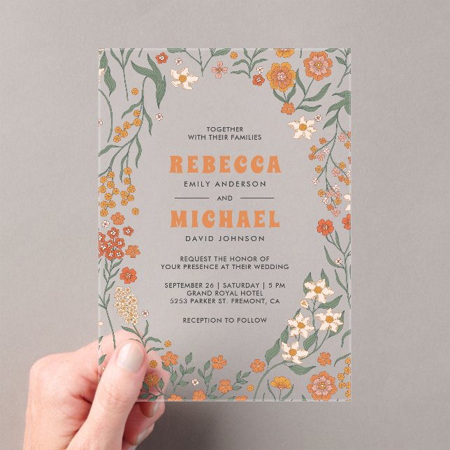 Orange Groovy Wildflower Wedding Acrylic Invitations (Insitu (Handheld))