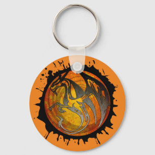 Orange grunge paint splatter dragon round keychain