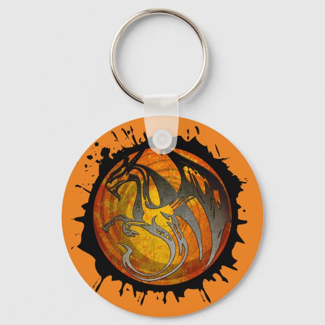 Orange grunge paint splatter dragon round keychain (Front)