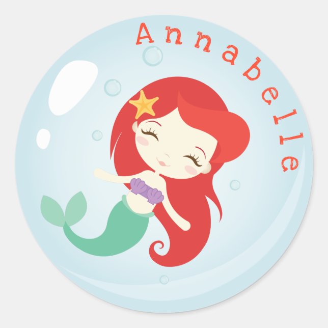 Orange Haired Mermaid Bubble Personalize Classic Round Sticker (Front)