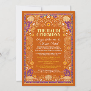 Orange Haldi Invitation Purple Paisley Lotus