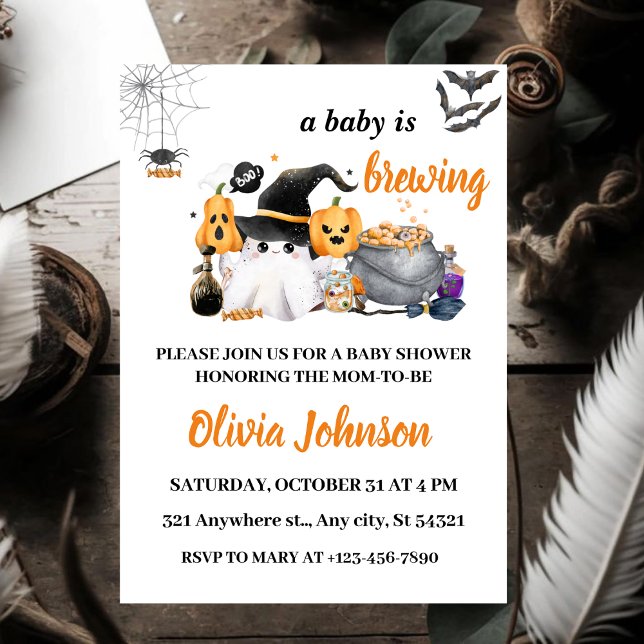Orange Halloween Baby is Brewing Baby Shower Invitation (Creator Uploaded)