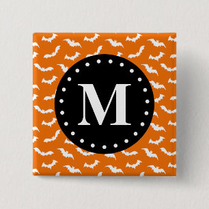 Orange Halloween Bat Pattern Black Monogram 2 Inch Square Button