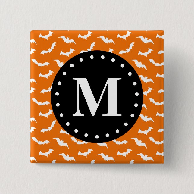 Orange Halloween Bat Pattern Black Monogram 2 Inch Square Button (Front)